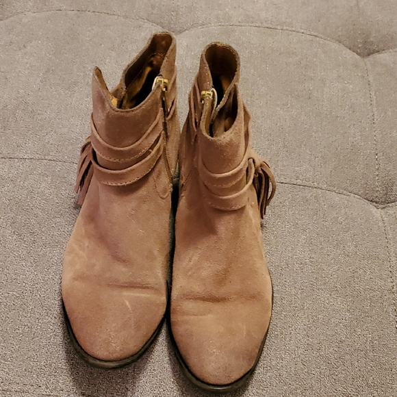 Tan Suede Ankle Boots with Fringe - Picture 1 of 6